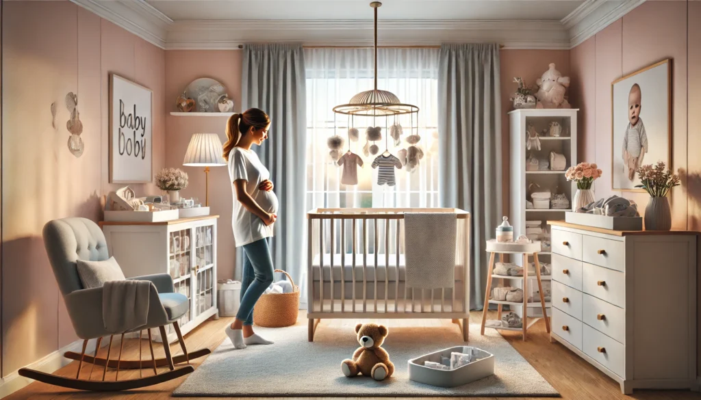 Imagen en alta definición de una moderna habitación de bebé con una madre embarazada. La habitación cuenta con una cuna blanca elegante con un móvil colgante, una mesa para cambiar pañales con productos esenciales organizados, una silla mecedora con una manta suave y una cómoda con ropa de bebé. La madre embarazada, sonriendo y tocando suavemente su barriga, está de pie junto a la cómoda mirando la ropa del bebé. La habitación está iluminada por luz natural que entra a través de una gran ventana, resaltando los colores pastel de las paredes. Juguetes de peluche y libros para bebés están ordenadamente colocados en estantes, creando un ambiente cálido y acogedor.